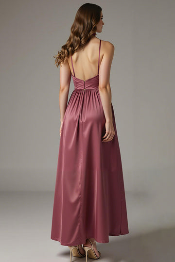 Burgundy A Line Satin Ruched Evening Dress
